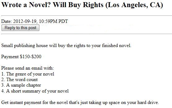 Craig's List Ad - Will buy rights to your novel